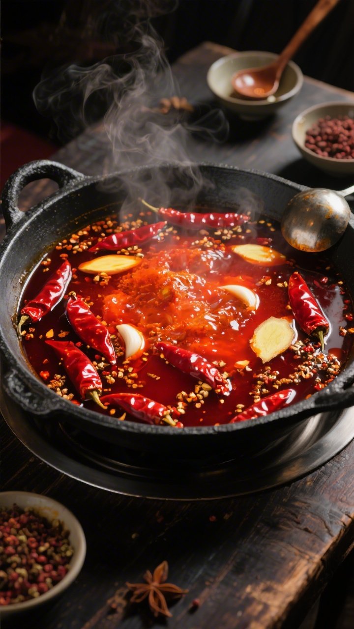 Overhead shot of a bubbling Sichuan Fire & Mala Magic hot pot in a black cast-iron pot: crimson broth shimmering with chili oil, doubanjiang and chili bean paste visible, 8–10 dried red chilies and cracked Sichuan peppercorns floating among sliced garlic and ginger; steam rising, glossy red-orange highlights, set on a dark wood table with small dipping bowls and a ladle, dramatic, spicy, numbing mood, professional lighting emphasizing the oily sheen and chili textures.