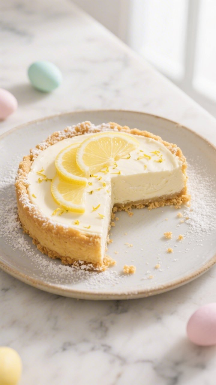 Overhead shot of a Classic Lemon Ricotta Easter Cheesecake with a golden shortbread cookie crust on a marble surface, one clean slice removed to reveal the creamy dual-cheese filling made from full-fat cream cheese and whole-milk ricotta; lemon zest sprinkled on top, thin lemon slices and a light dusting of powdered sugar for garnish; visible crumb texture from 1 1/2 cups shortbread crumbs bound with melted unsalted butter and a pinch of fine salt; soft natural window light, neutral ceramic plate, pastel Easter accents subtly in frame, no people.
