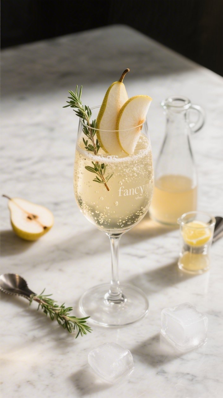 Overhead shot of a Classic Pear & Thyme Prosecco Spritz on a marble surface: a tall, chilled wine glass filled with pale gold Prosecco spritz, thinly sliced Anjou/Bartlett pear fanned along the rim and within the drink, tiny bubbles rising; 2 fresh thyme sprigs tucked as garnish; a small carafe of pear nectar, a jigger with fresh lemon juice, and a tiny beaker of simple syrup off to the side; ice cubes glistening; soft late-afternoon light, minimal styling, crisp and elegant “fancy Friday” mood, no people.