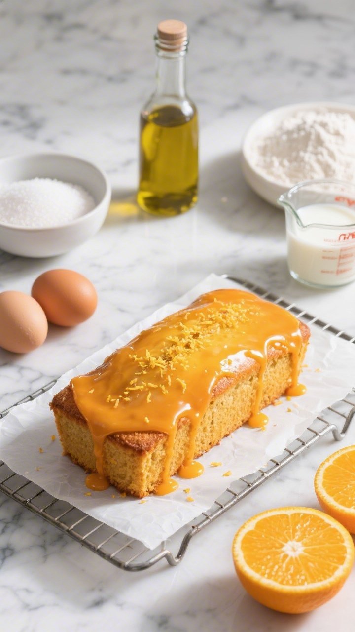 Overhead shot of a Classic Sunshine Loaf with bright citrus glaze: a golden-orange rectangular loaf on a white parchment-lined cooling rack, thick glossy orange glaze dripping down the sides, fine zest sprinkled on top. Surround with specific ingredients from the recipe: a small bottle of fruity extra-virgin olive oil, a bowl of granulated sugar, all-purpose flour dusted on the marble, two room-temperature eggs, a measuring cup of whole milk, and halved fresh oranges. Bright Mediterranean light, clean marble background, high contrast, crisp textures, no people.