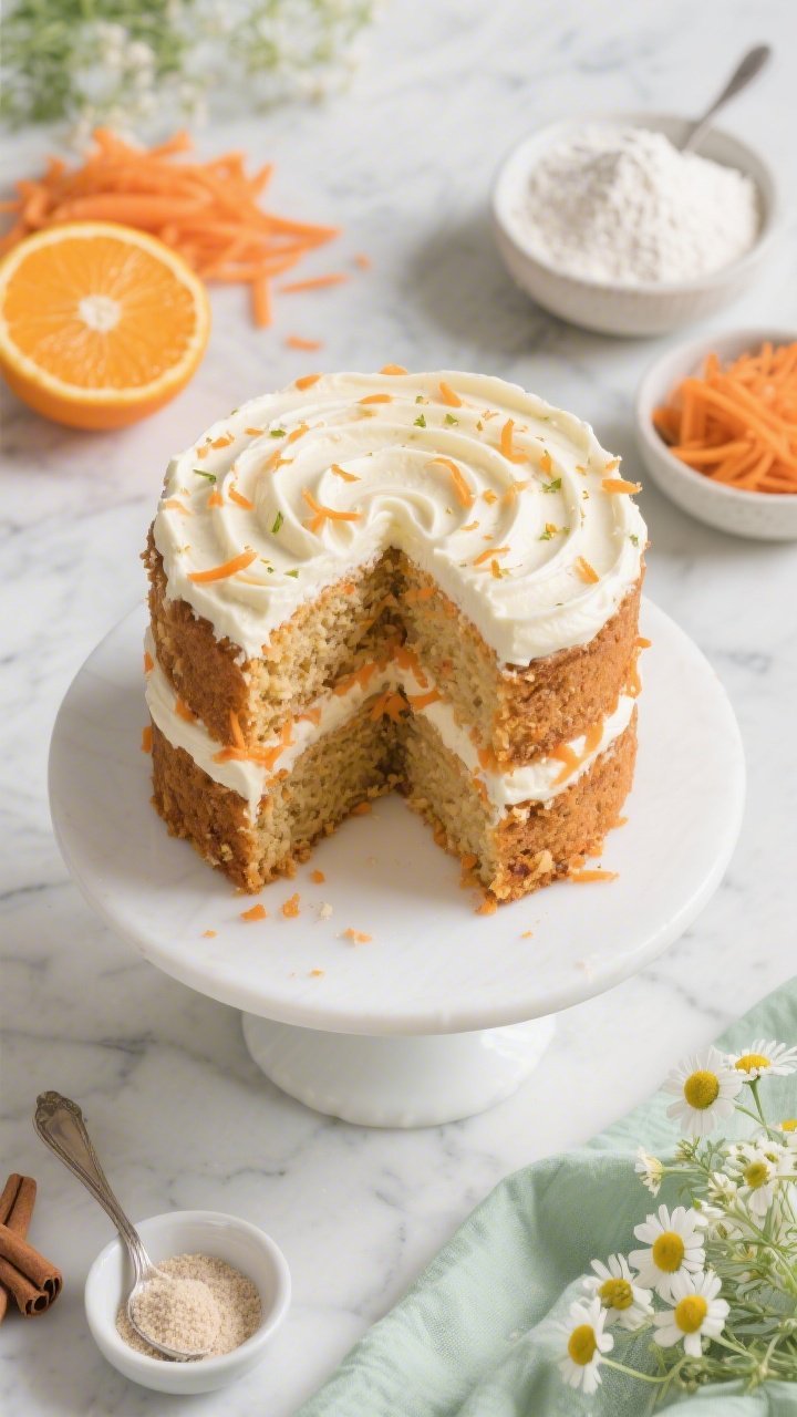 Overhead shot of a cloud-soft carrot layer cake on a white cake stand, two tall layers with visible tender crumb, richly speckled with shredded carrots and almond flour texture; generous orange cream cheese swirls between layers and in rustic swoops on top, dotted with fine zest; ingredients echo around the frame: small bowls of all-purpose flour and finely ground almond flour, teaspoons of baking powder and baking soda, a pinch dish of fine sea salt, ground cinnamon and nutmeg, grated carrot pile, and an orange cut to show juicy flesh; soft spring garden styling with pale green linen, chamomile blossoms, and diffused daylight on a marble surface