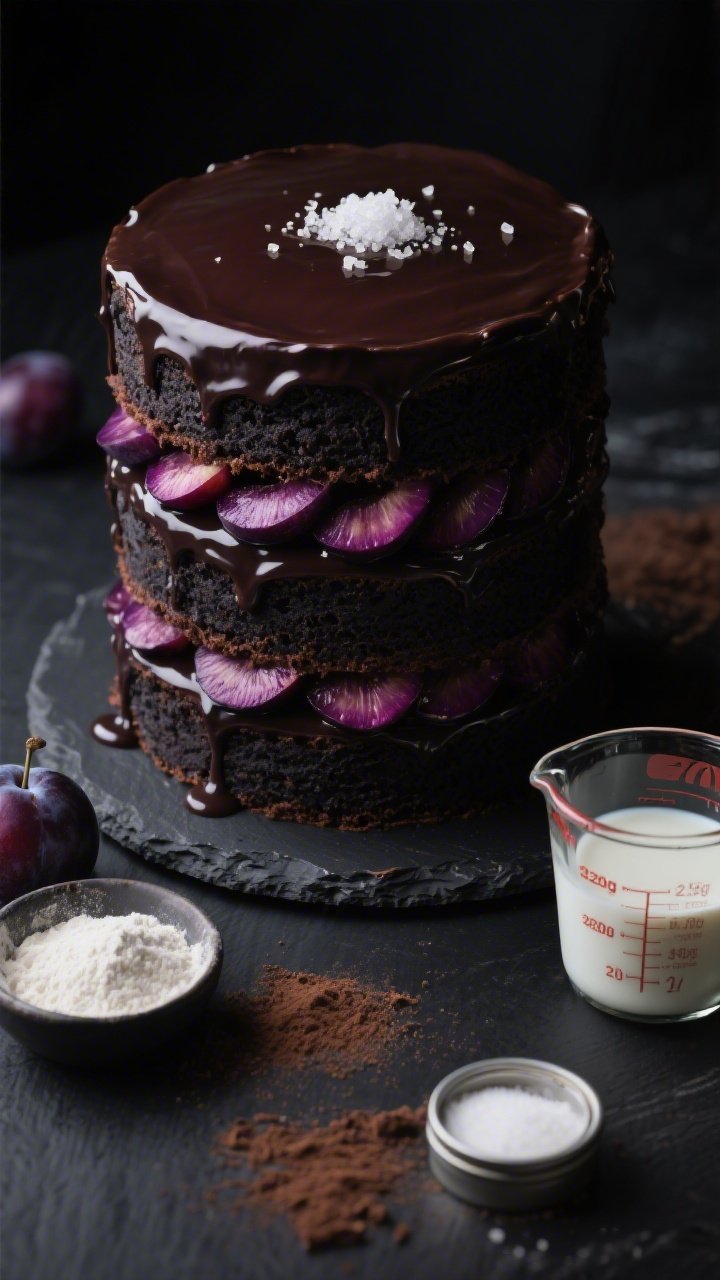 Overhead shot of a dramatic Midnight Velvet Plum Layer Cake: three tall layers of near-black Dutch-process cocoa sponge brushed with plum syrup, sandwiched and cloaked in glossy dark chocolate ganache, fanned slices of ripe purple plums between layers and on top, a few granulated sugar crystals sparkling, fine sea salt pinch visible near a small dish; include scattered dry ingredients—220 g all-purpose flour, 75 g Dutch cocoa, 350 g sugar, baking powder and soda tins—plus a glass measuring cup with “2 l” milk partially filled; styled on a matte black slate with moody, low-key lighting to emphasize deep burgundy plum tones and velvety textures.