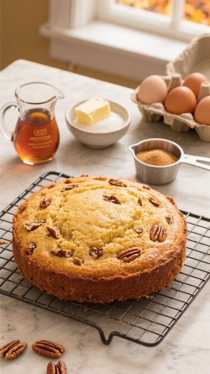 Overhead shot of a freshly baked Golden Hearth Maple-Pecan Butter Cake on a cooling rack: golden, moist crumb with a buttery sheen, speckled with toasted pecan pieces; a small pitcher of amber pure maple syrup (Grade A) nearby, a bowl of softened unsalted butter, granulated sugar and light brown sugar in measuring cups, four room-temperature eggs in a carton; warm autumn palette with soft window light, minimal props to emphasize classic simplicity, crisp texture detail on the cake’s surface.