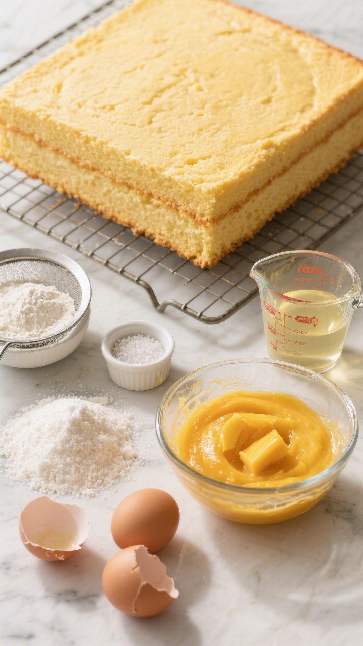 Overhead shot of a freshly baked golden mango sponge cake layer cooling on a wire rack, crumb tender and moist with a fine, even crumb. Include a small bowl of sifted cake flour with a sieve dusted nearby, a ramekin of fine sea salt, measured piles of granulated sugar, baking powder, and baking soda, a glass measuring cup of neutral oil, three cracked large eggs in a clear bowl, and a splash of mango purée folded into the batter bowl for color. Style on a light marble surface with warm morning light emphasizing the soft, bouncy texture and sunlit mango-gold hue, no people, professional studio clarity.