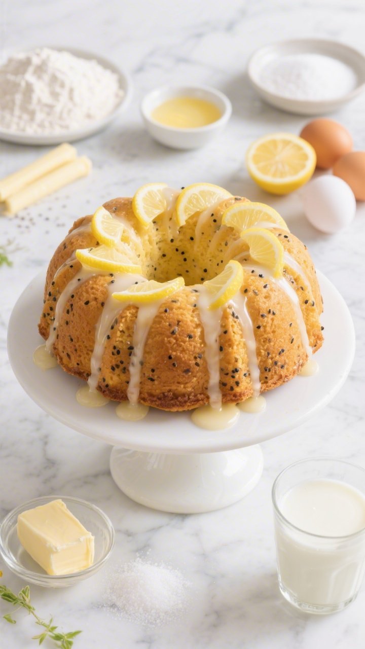 Overhead shot of a freshly glazed Lemon Poppy Seed Easter Bundt on a white cake stand: golden crumb freckled with poppy seeds, a glossy tangy lemon drip cascading down deep bundt ridges, thin lemon zest curls scattered on top, a small bowl of extra lemon glaze and halved lemons nearby; include key ingredients styled around the scene—measured piles of all-purpose flour, sticks of unsalted butter, granulated sugar, 4 room-temperature eggs, and a glass of buttermilk; bright, airy spring mood on a light marble surface, crisp highlights, no people.