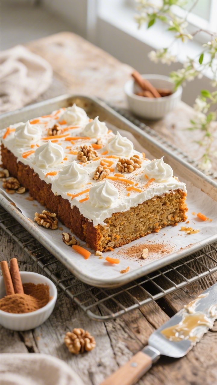 Overhead shot of a giant carrot cake slab baked in a rimmed sheet pan, cut into generous rectangles and topped with swoops of whipped cream cheese clouds; visible orange flecks of grated carrot in the moist crumb, warm spices suggested with a dusting of ground cinnamon, ginger, and nutmeg on the cream; scattered chopped walnuts and a light drizzle of maple on a parchment-lined cooling rack, set on a rustic wooden surface with a small bowl of cinnamon and a spatula with frosting smears nearby; bright, springtime mood, soft natural window light.