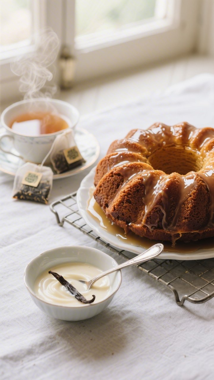 Overhead shot of a glazed Earl Grey Bundt cake on a cooling rack, its ridges coated with a thin, shiny Earl Grey-infused glaze that pools slightly at the base; beside it, a small porcelain bowl of vanilla cream dipping sauce with visible vanilla bean seeds and a silver spoon; include a tea-steeping scene element: a few damp, just-used Earl Grey tea bags on a saucer; subtle steam, soft window light, polished yet cozy styling on a pale linen, evoking an elegant afternoon tea.