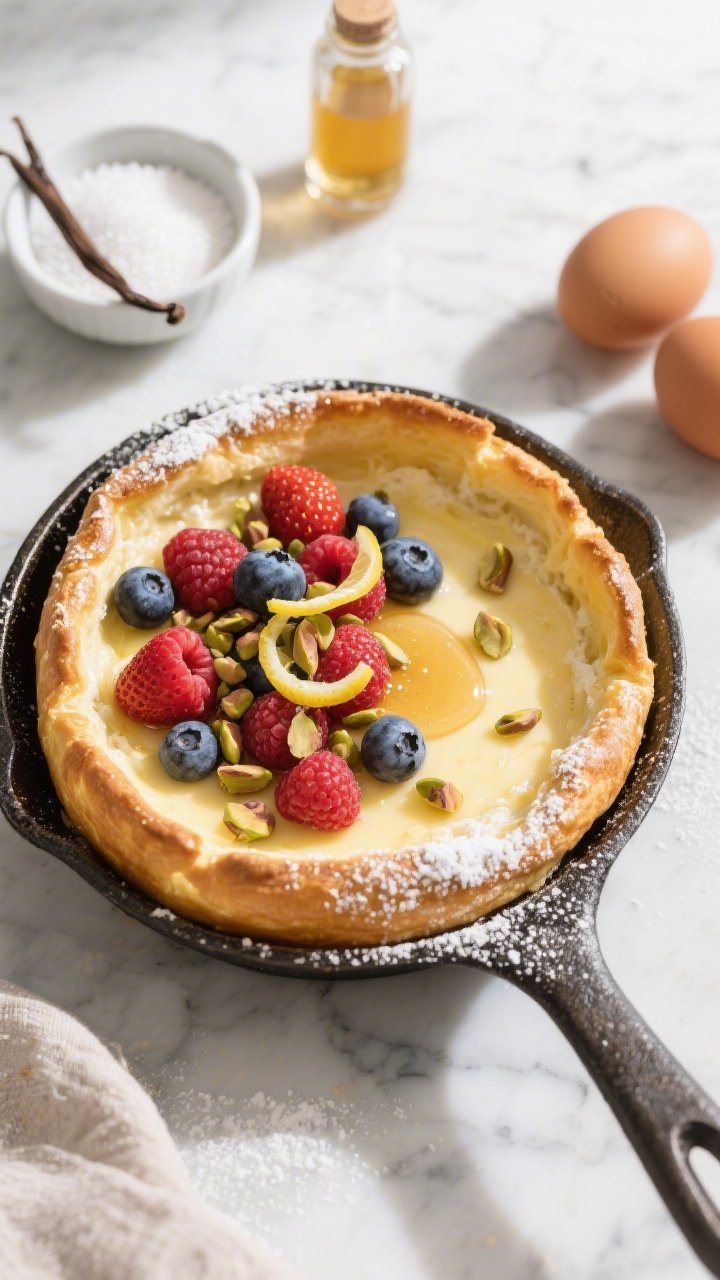 Overhead shot of a puffed lemon-ricotta Dutch baby in a cast-iron skillet, golden edges with a custardy center, dusted with powdered sugar; topped with a tumble of fresh mixed berries (strawberries, blueberries, raspberries), a drizzle of honey over crushed honeyed pistachios, and delicate lemon zest curls. A small bowl of granulated sugar, a vanilla extract bottle, and room-temp eggs on a marble surface in the background for context; bright morning light, crisp shadows, appetizing and airy.