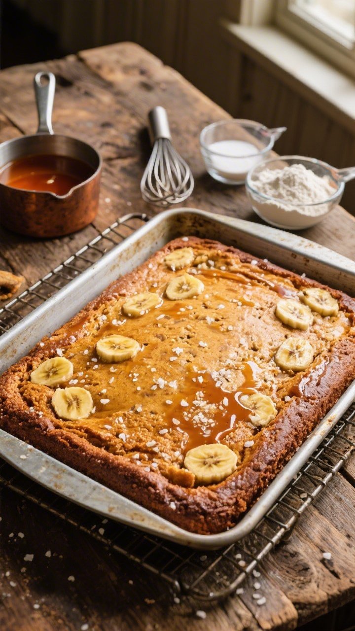 Overhead shot of a rustic Hearthside Classic Burnt Sugar Banana Sheet Cake just out of the oven in a metal sheet pan, golden-brown crumb with a subtle caramel sheen from homemade burnt sugar syrup made from granulated sugar and water, flecks of mashed banana visible in the tender crumb, lightly dusted with fine sea salt crystals to hint at balance; set on a well-worn wooden table with a cooling rack, a small saucepan with amber burnt sugar syrup, a whisk, and measured bowls of all-purpose flour, baking soda, and baking powder nearby; warm, cozy old-world ambiance with soft window light.