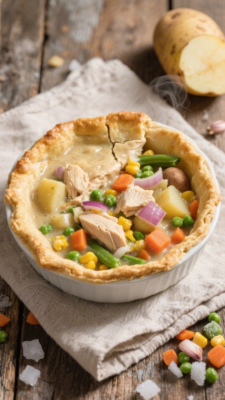 Overhead shot of a rustic slow-cooker chicken pot pie filling ladled into a deep white pie dish, showing tender chunks of boneless chicken breast and thigh, diced onion, minced garlic, and a colorful mix of peas, carrots, corn, and green beans, with soft russet potato pieces in a glossy, creamy gravy; golden baked pie crust top slightly cracked to reveal steam; styled on a worn wooden table with a neutral linen, scattered frozen mixed vegetables and a halved russet potato nearby for context; warm, cozy lighting emphasizing comfort-food appeal.