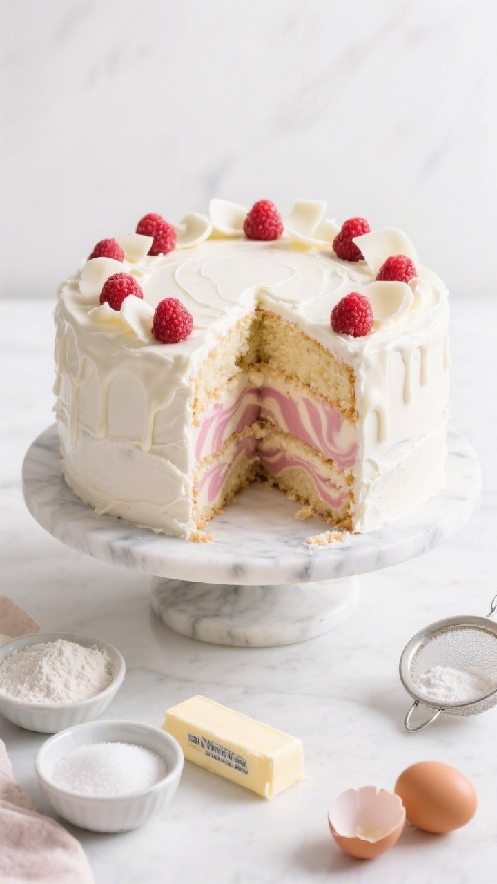 Overhead shot of a showstopper three-layer white chocolate raspberry marble cake on a marble cake stand, swirled white and blush-pink crumb visible in a generous slice cut out, lavish white chocolate ganache frosting with soft swoops and gentle drips, topped with fresh raspberries and delicate white chocolate curls; styling includes small bowls of granulated sugar and all-purpose flour dusting, a stick of room-temperature unsalted butter unwrapped, cracked eggshells, and a sieve hinting at baking powder/soda; bright, airy lighting, crisp highlights on the glossy ganache, no people.