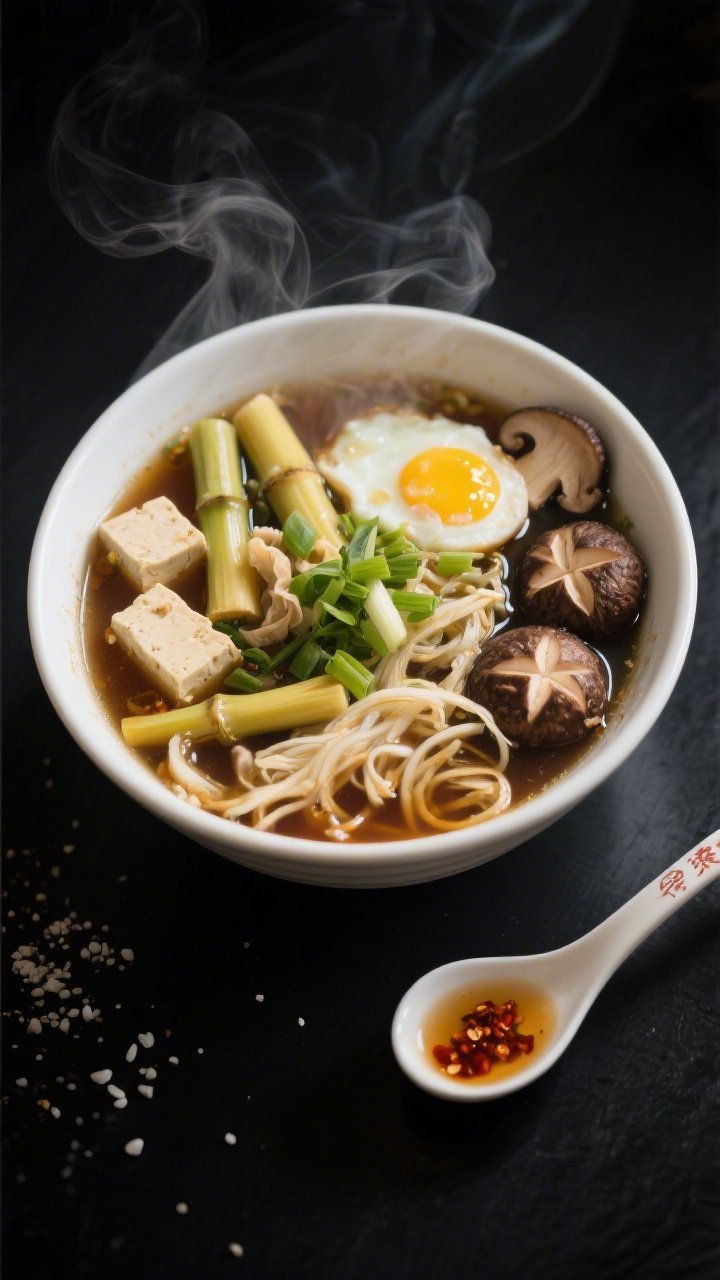 Overhead shot of a steaming bowl of takeout-style hot and sour soup on a matte black surface: low-sodium chicken broth shimmering with a glossy sheen, thin batons of extra-firm tofu, julienned bamboo shoots, sliced shiitake caps, and rehydrated wood ear mushrooms floating alongside fine ribbons of egg and a drizzle of dark soy; garnished with scallions and a dusting of white pepper, a small dish of rice vinegar and chili oil to the side, elegant Chinese soup spoon resting on the rim, moody restaurant-style lighting emphasizing contrast and texture.