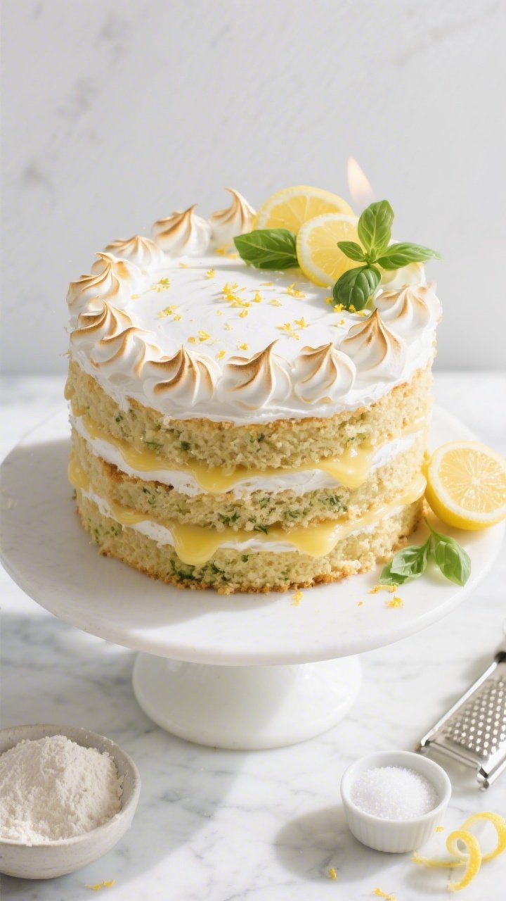 Overhead shot of a sunlit triple-layer lemon-basil cake on a white cake stand: tender cake layers with visible fine crumb, filled with glossy lemon-basil curd, finished with silky Swiss meringue swirls kissed with a torch for faint golden edges; lemon zest flecks and micro basil leaves scattered on top, thin lemon slices and a few fresh basil sprigs around the base; ingredients hinted in scene: cake flour in a small bowl, a ramekin of granulated sugar, a zester with curls of lemon zest; bright, modern styling on a pale marble surface, high-key lighting, crisp shadows