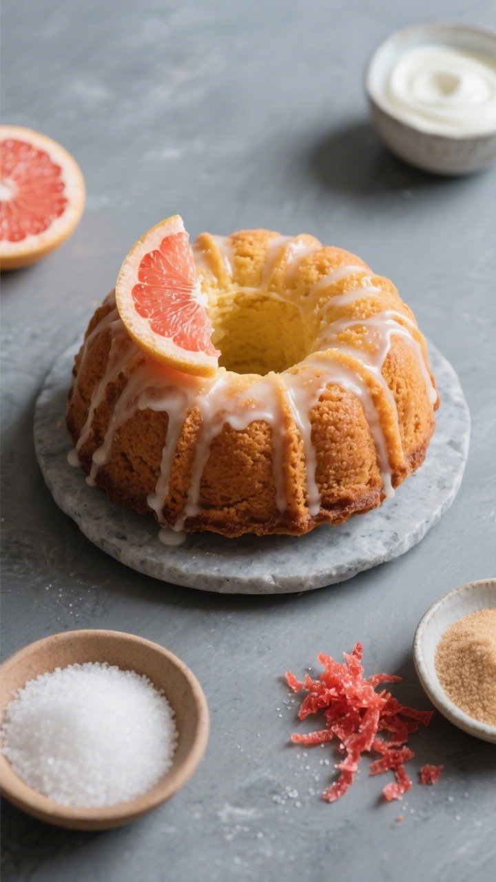 Overhead shot of a yogurt-grapefruit Bundt cake on a matte stone cake stand, richly golden exterior with tight crumb definition, finished with a sheer citrus glaze and dramatic crystallized citrus shard garnish catching the light; include ingredients in frame edges: plain yogurt in a small bowl, light brown sugar and granulated sugar in separate dishes, and ruby red grapefruit zest; cool slate background, crisp highlights on sugar shards, refined yet rustic presentation.