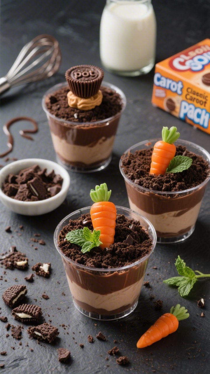 Overhead shot of Classic Carrot Patch Pudding Cups: clear dessert cups layered with silky instant chocolate pudding and a thick cap of finely crushed chocolate sandwich cookie “soil,” each topped with a mini peanut butter cup “pot” and a candy-coated orange “carrot” with mint sprig “greens,” scattered extra cookie crumbs around. Include a small bowl of crushed cookies, a whisk with chocolate pudding traces, and the boxed pudding mix and cold whole milk in the background. Dark slate surface, moody yet playful kid-friendly styling, sharp focus on crumb texture and glossy pudding.