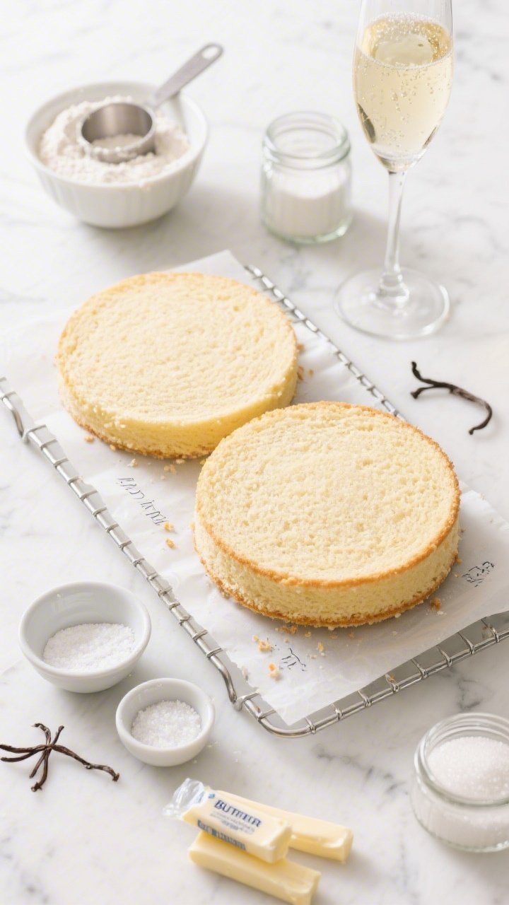 Overhead shot of feather-soft champagne vanilla cake layers cooling on a wire rack: pale golden sponge rounds with an ultra-fine crumb, a bowl of cake flour with measuring cup, small bowls of baking powder, baking soda, and fine sea salt, sticks of unsalted butter partially unwrapped, granulated sugar in a glass jar, and a flute of champagne off to the side to imply the bubbly in the batter; bright, airy mood on a white marble surface, parchment rounds labeled, crumbs visible to showcase tenderness, no frosting yet, professional studio lighting.