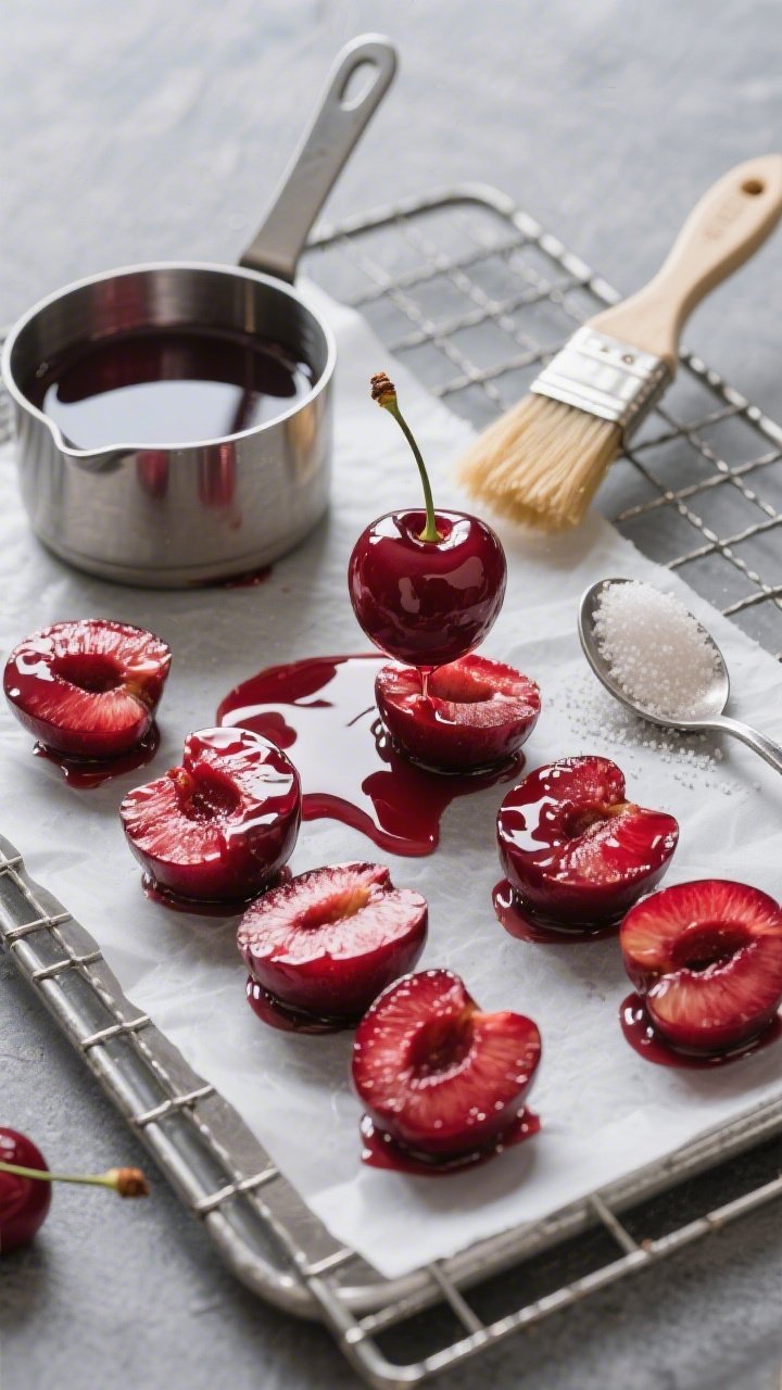 Overhead shot of Glossy Cherry Accents and mirror-style drip components: halved pitted cherries arranged on a chilled tray, a small pot of cherry juice, granulated sugar, and light corn syrup simmered into a high-shine glaze, a pastry brush and a spoon showing the lacquered sheen; one cherry being dipped to showcase reflective surface, vivid ruby tones against a cool gray slate; a cooling rack and parchment ready for controlled drip application.