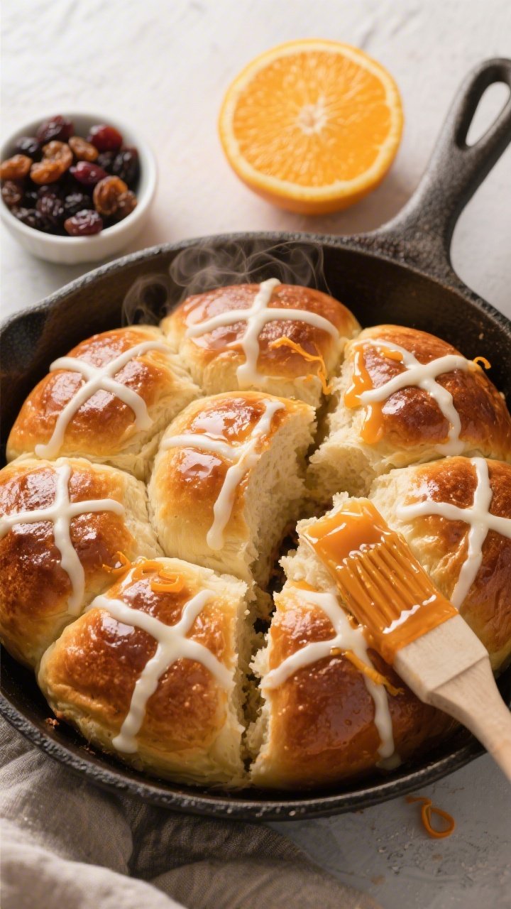 Overhead shot of Hot Cross Bun Pull-Apart Rolls fresh from the oven in a round skillet: deeply golden, shiny tops piped with classic white crosses, brushed with orange glaze that pools slightly between rolls; include an orange cut in half, zest curls, a small bowl of raisins/currants, and a pastry brush with sticky glaze; warm, inviting light that highlights the pillowy crumb where one roll is pulled apart, wisps of steam visible.
