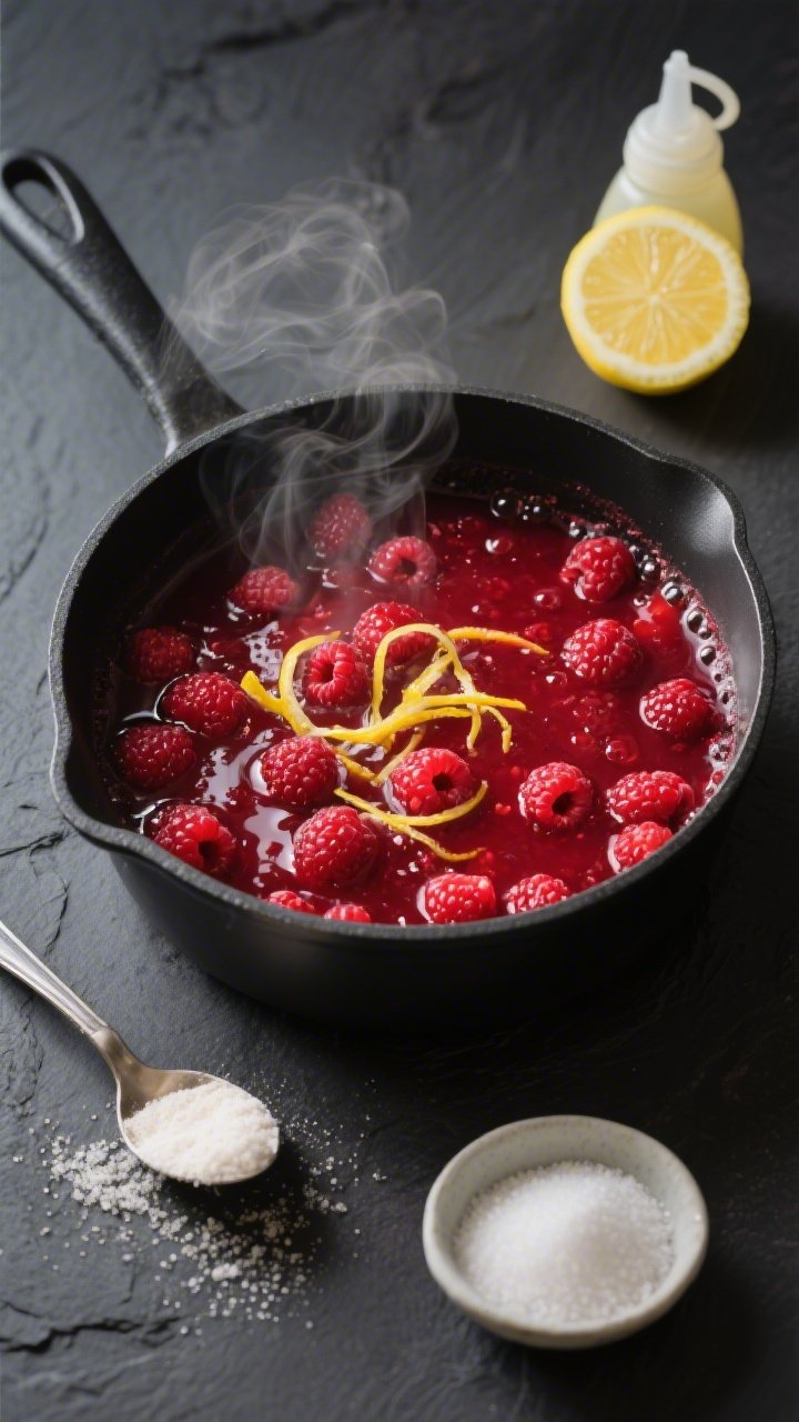 Overhead shot of jewel-toned raspberry filling simmering in a matte black saucepan: plump raspberries bursting into a ruby pool with visible lemon zest threads, a measured spoon of cornstarch on standby, and a small dish of granulated sugar. A squeeze bottle of lemon juice nearby with a slice cut open. Steam rising subtly, glossy bubbles catching the light to highlight the vibrant red hue against a dark slate background.