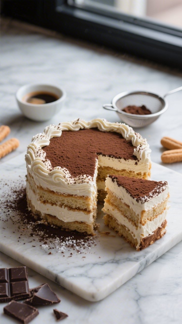 Overhead shot of the Classic Showstopper Tiramisu Layer Cake: three airy espresso-soaked sponge layers stacked with thick, pale ivory mascarpone cream, dusted generously with deep cocoa powder and a light snowfall of grated dark chocolate; visible swirls of cream at the edges, neat slice removed to show distinct layers; styled on a cool marble surface with a small bowl of freshly pulled espresso, a fine-mesh sieve with cocoa, and a few ladyfingers and dark chocolate shards for context; moody Italian cafe vibe, soft window light, no people.