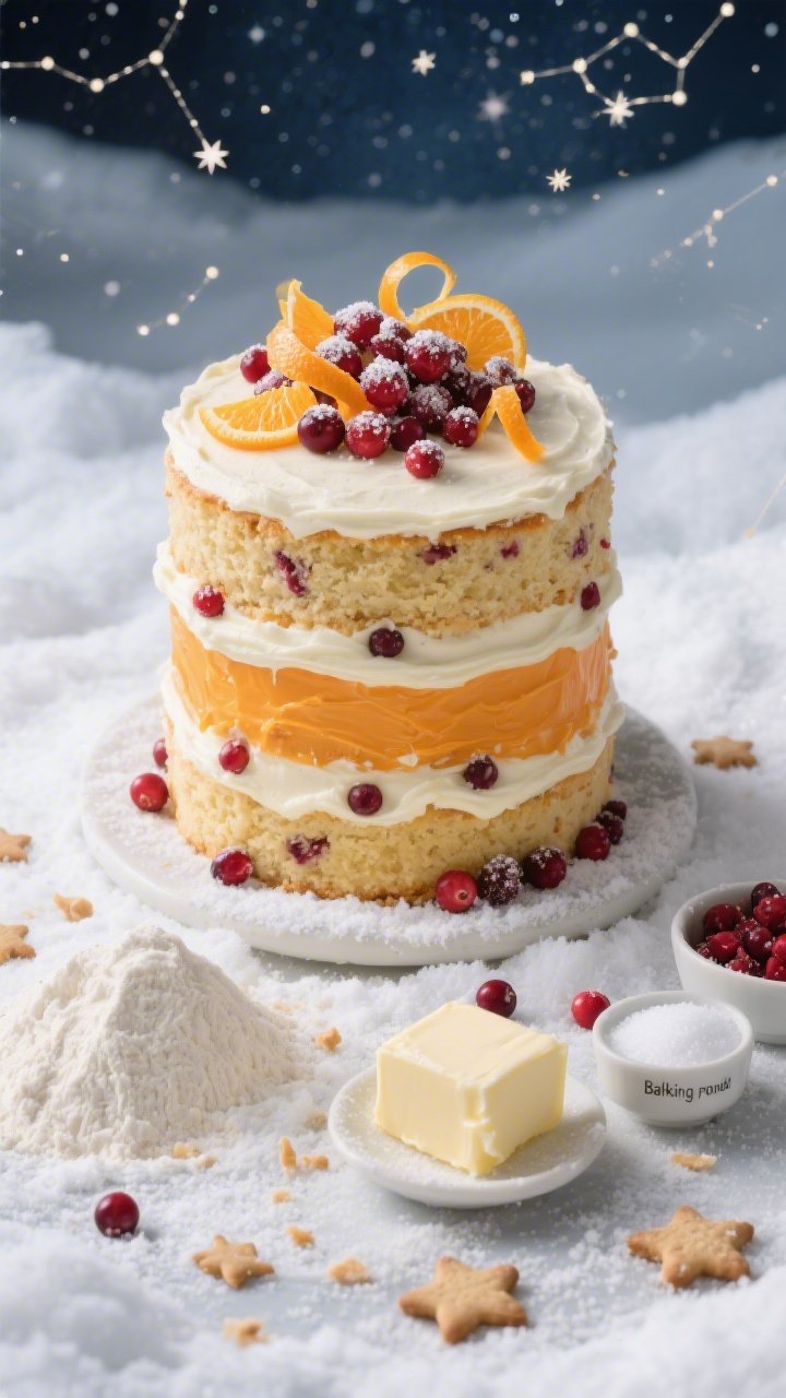 Overhead shot of the Starry Night Cranberry Orange Celebration Layer Cake: three tall layers of tender orange-scented crumb speckled with ruby cranberries, filled and frosted with silky orange buttercream, topped with sparkling sugared cranberries and thin twists of orange peel; pale winter backdrop with powdered sugar “snow,” star-shaped cookie crumbs scattered like constellations; key ingredients styled around the cake base—2 3/4 cups all-purpose flour in a small mound, a pat of room-temp butter, a dish of granulated sugar, a pinch bowl labeled baking powder and baking soda, and fine sea salt; cool daylight, professional studio quality, 45-degree angle to emphasize height and texture.