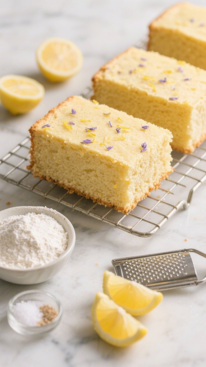 Overhead shot of three freshly baked lavender honey lemon cake layers cooling on a wire rack: tender golden crumb with a fine, even texture; pale yellow hue from lemon zest; subtle specks of finely grated lemon zest visible; ingredients styled nearby on a light marble surface—small bowl of all-purpose flour, a mound of granulated sugar, a dish of fine sea salt, baking powder and baking soda in pinches, a microplane with two zested lemons; soft morning light, minimal props, emphasizing airy crumb and moist sheen on the cut edge of one layer.