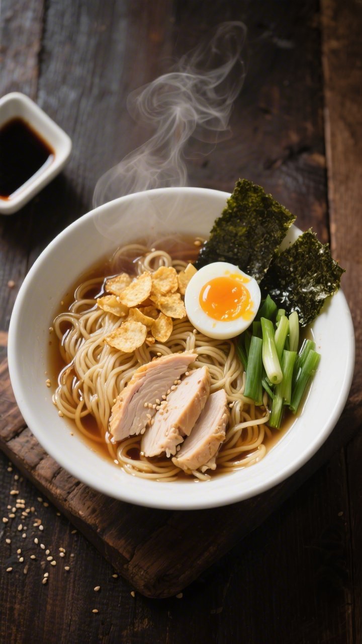 Overhead shot of Weeknight Shoyu Ramen: thin ramen noodles in a clear, glossy garlicky soy broth made from low-sodium chicken broth, water, shoyu, mirin, and a hint of toasted sesame oil. Include visible slices of tender chicken (if used), golden sautéed garlic chips from neutral oil, bright green scallions, nori strip, and a soft-boiled egg with jammy yolk. Steam rising, subtle sheen of sesame oil on the surface, served in a simple white bowl on a dark wood table with a small soy sauce dish in frame for mood.