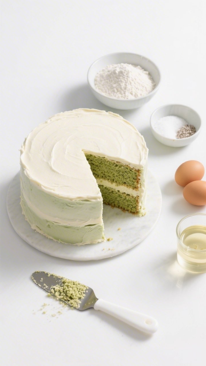 Overhead studio-white shot of a minimalist Matcha Vanilla Layer Cake with barely-there buttercream: three even vanilla–matcha layers with a whisper-thin, semi-transparent buttercream veil, clean knife slice revealing pale green crumb. Surround with measured raw ingredients to the side for context—small bowls of all-purpose flour (2 1/2 cups), baking powder, baking soda, fine sea salt, granulated sugar (1 3/4 cups), three room-temp eggs, and a glass of neutral oil (1/2 cup). Style on a bright white seamless backdrop with a white offset spatula and crumb-coated crumbs, soft diffused light, crisp shadows, modern minimal mood.
