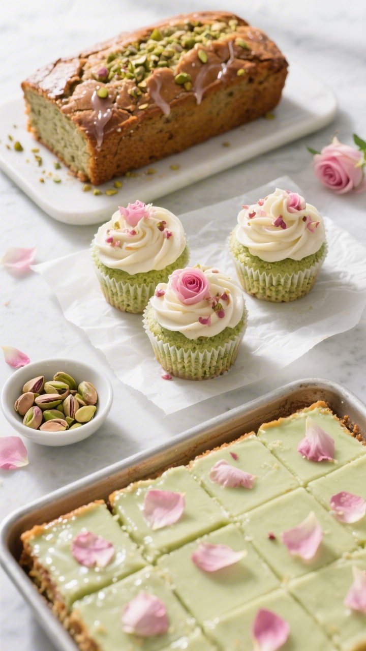 Overhead trio of variations—cupcakes, loaf, and sheet-pan: a coordinated spread showing pale green-crumb cupcakes with rose mascarpone swirls and petal sprinkles, a rustic loaf cake with crackled top brushed in rose syrup and dusted with crushed pistachios, and neat sheet-pan squares glazed lightly and topped with petals; consistent styling across formats, parchment-lined trays, small bowls of extra pistachios and rose petals, bright natural light, inviting and versatile for any occasion.