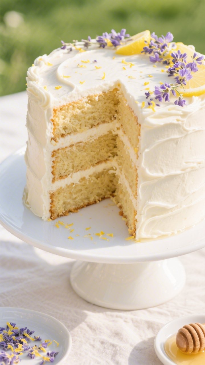 Plated, 45-degree angle hero shot of the fully assembled Lavender Honey Lemon Cake: three tall, even layers brushed generously with lemon-lavender honey syrup (a subtle sheen visible between layers); smoothly frosted with the whipped floral buttercream, soft swirls and clean edges; the top showered with the dried edible blossom confetti and a whisper of fresh lemon zest; a thin slice removed to reveal ultra-tender, moist crumb and even syrup soak; styled on a simple white cake stand over pale linen, with a small dish of leftover confetti and a honey dipper nearby; bright, airy lighting for an elegant garden-party finish.