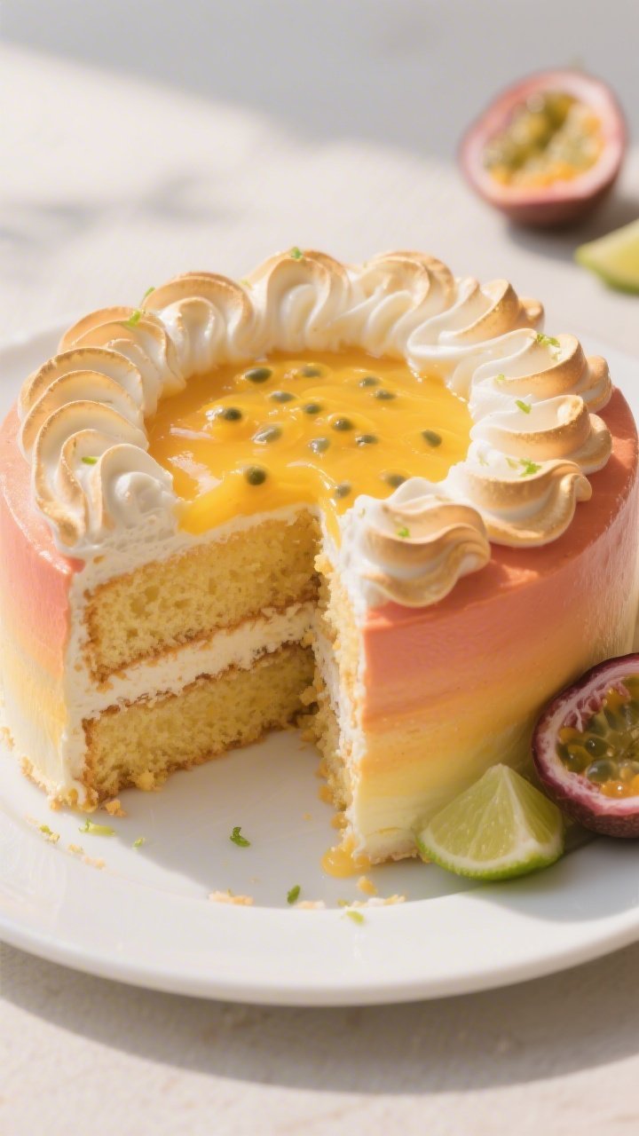 Plated, 45-degree beauty shot of the assembled Mango Passionfruit Sunset Cake: two mango sponge layers stacked with a generous well of chilled passionfruit–mango curd in the center, layers brushed visibly with coconut-lime soak for a subtle sheen. The exterior is smoothly finished with mango-passion Swiss meringue buttercream, decorated in sunset hues (gold to coral to soft peach) using swooped palette-knife swirls. A clean slice is pulled slightly forward on a white plate to reveal moist crumb, curd layer, and delicate buttercream. Styled with a few passionfruit halves and lime zest flecks on the surface, soft natural backlight, no people, mouthwatering and refined.