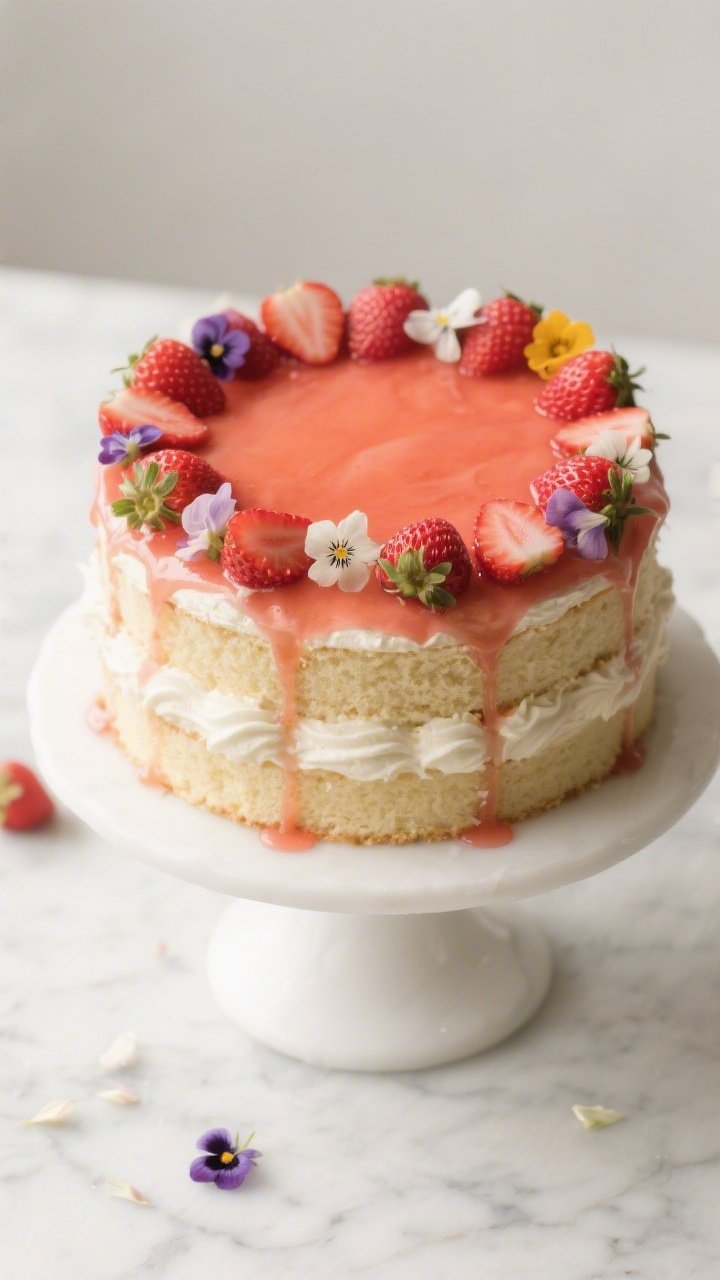 Plated assembly beauty shot for Garden Assembly: a 45-degree angle of a buttercream-free layer cake on a white pedestal—moist vanilla cake layers sandwiched with billowy whipped mascarpone cream and neatly arranged, well-drained macerated strawberry slices; a glossy drizzle of reserved strawberry syrup running slightly over the edge; top adorned with 12–16 whole small strawberries and delicate edible flowers, petals scattered on the marble surface; fresh, springtime palette, soft diffused light, sharp focus on clean layers and bloom-like styling.