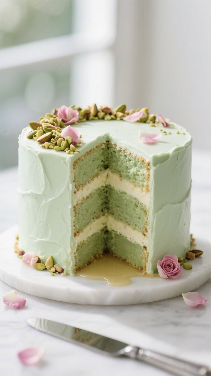 Plated hero shot of the fully assembled cake: a tall, cleanly frosted cake on a white pedestal, sliced to reveal perfectly even pale green layers separated by creamy filling; edges sharp, crumbs locked in, top adorned with a ring of crushed pistachios and scattered rose petals, a gentle drizzle of rose syrup pooling slightly; 45-degree angle, soft window light, minimal props (offset spatula, cake knife), background bokeh to emphasize a showstopping, bakery-quality finish.