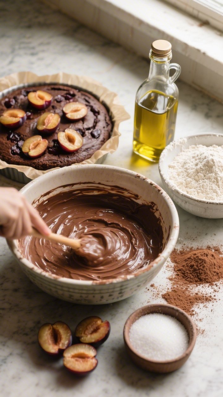 Rustic overhead flat lay of a Plum-Studded Dark Chocolate Olive Oil Cake mise en place and batter stage: a mixing bowl with silky cocoa-olive oil batter being folded with 1 3/4 cups all-purpose flour, optional 30 g almond flour visible in a ramekin, 45 g Dutch cocoa, 250 g sugar, and leaveners nearby; fresh halved plums ready to be pressed on top, some already nestled into the batter in a parchment-lined round tin; show a bottle of olive oil glinting, a dusting of cocoa on the counter, and warm, natural window light for a homestyle, repeat-worthy feel.
