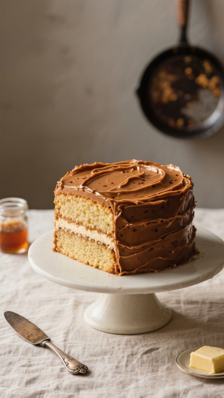 Straight-on 45-degree angle plated presentation of an Old-World Layer Cake With Browned Butter Burnt Sugar Frosting: tall, two-layer cake with even, tight crumb from cake flour, filled and generously swathed in glossy browned-butter burnt sugar frosting (deep toffee hue, tiny brown specks from browned milk solids), delicate swoops and ridges catching the light; a small jar of amber burnt sugar syrup and a butter-splashed skillet in the background to suggest the frosting method; clean pedestal cake stand on a neutral linen with a vintage palette knife, mood is nostalgic patisserie elegance.