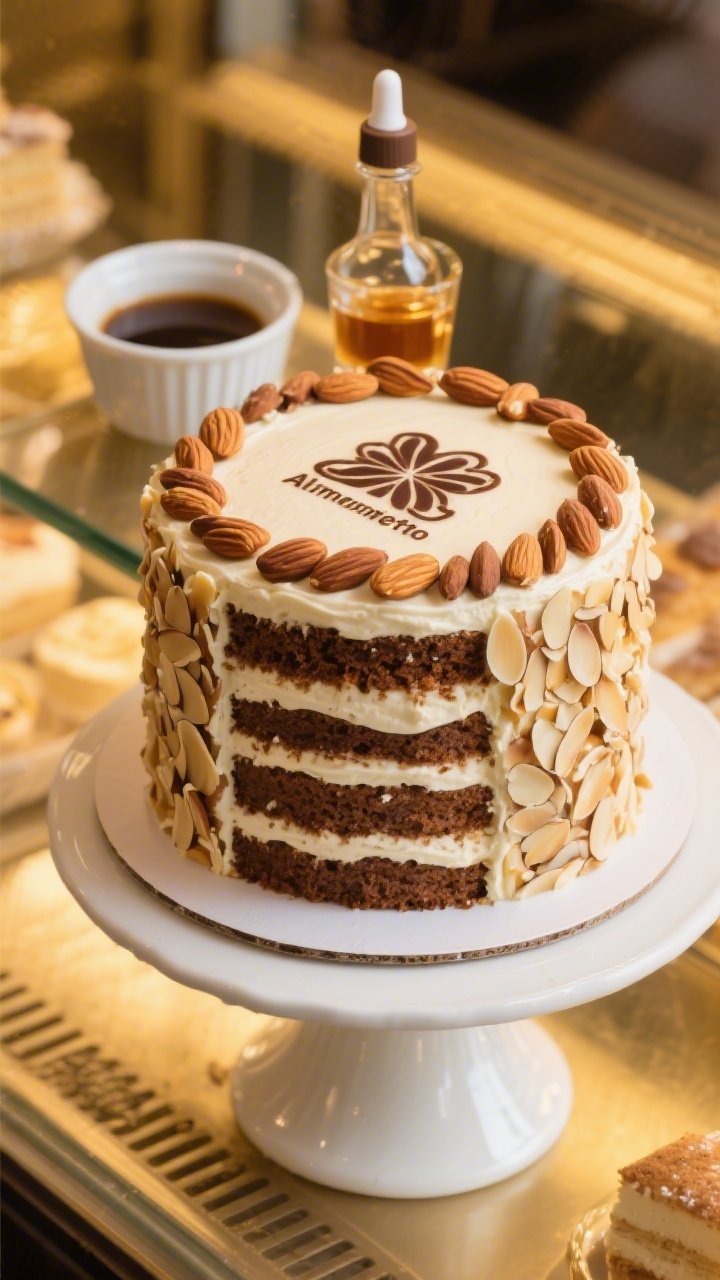 Straight-on bakery case presentation of Almond-Amaretto Tiramisu Layer Cake (Bakery-Style): tall, precise layers of espresso-and-amaretto–soaked sponge, silky mascarpone cream with subtle almond notes, sides coated in toasted sliced almonds for crunch, top stenciled with cocoa and a ring of whole roasted almonds; a small glass of amaretto and a dropper bottle for brushing syrup placed behind, plus a ramekin of espresso; warm, golden pastry-shop lighting, clean white cake stand, crisp textures highlighted.