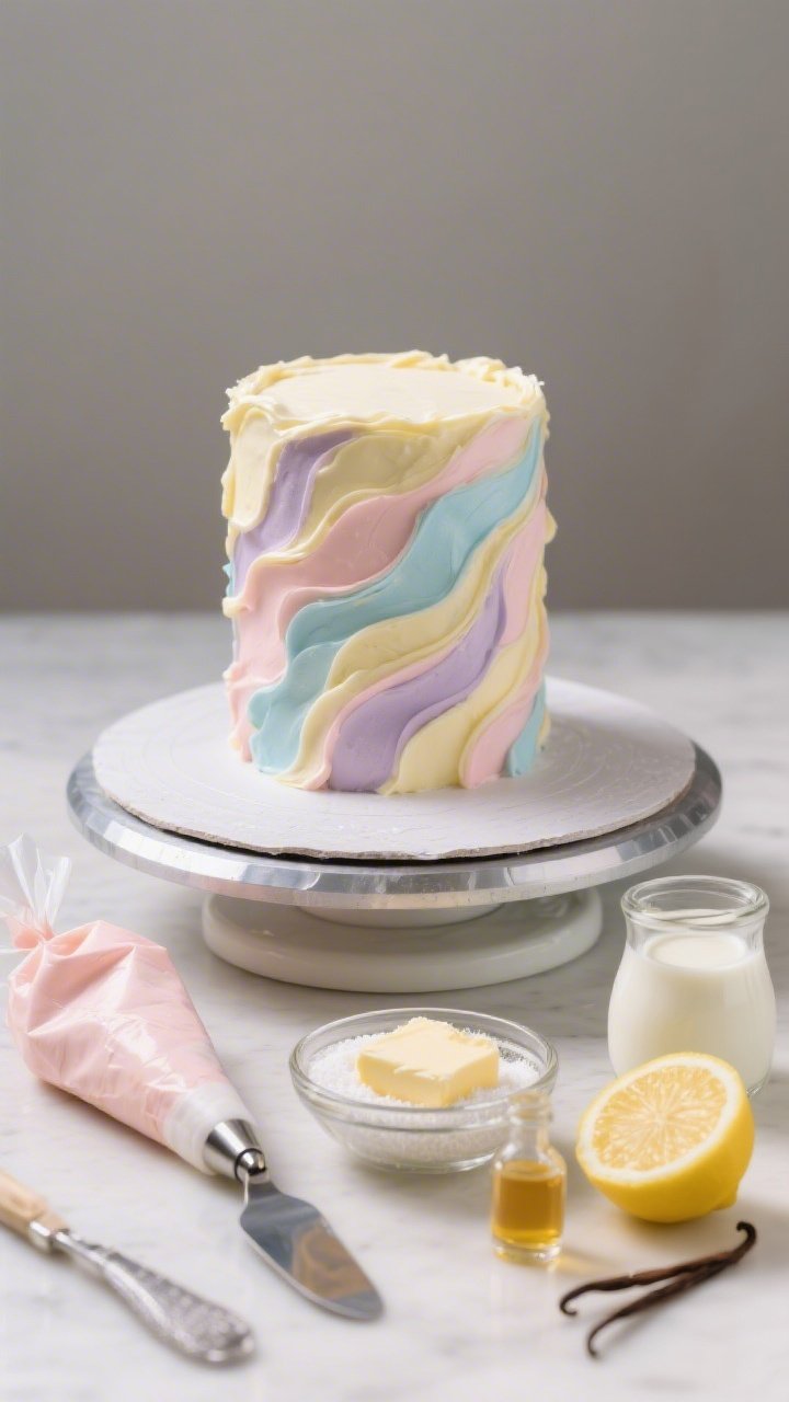 Straight-on beauty shot of “Soft Pastel Buttercream” in a palette-knife watercolor effect: a turntable with a small cake dummy or parchment-wrapped cylinder coated in dreamy pastel swirls (pale lemon, blush pink, soft lavender, sky blue). In the foreground: piping bag, offset spatula, and bowls of butter, sifted powdered sugar, heavy cream, vanilla extract, and a cut lemon to suggest fresh lemon juice. Focus on silky, spreadable texture and ethereal pastel tones; clean backdrop; pro studio lighting.