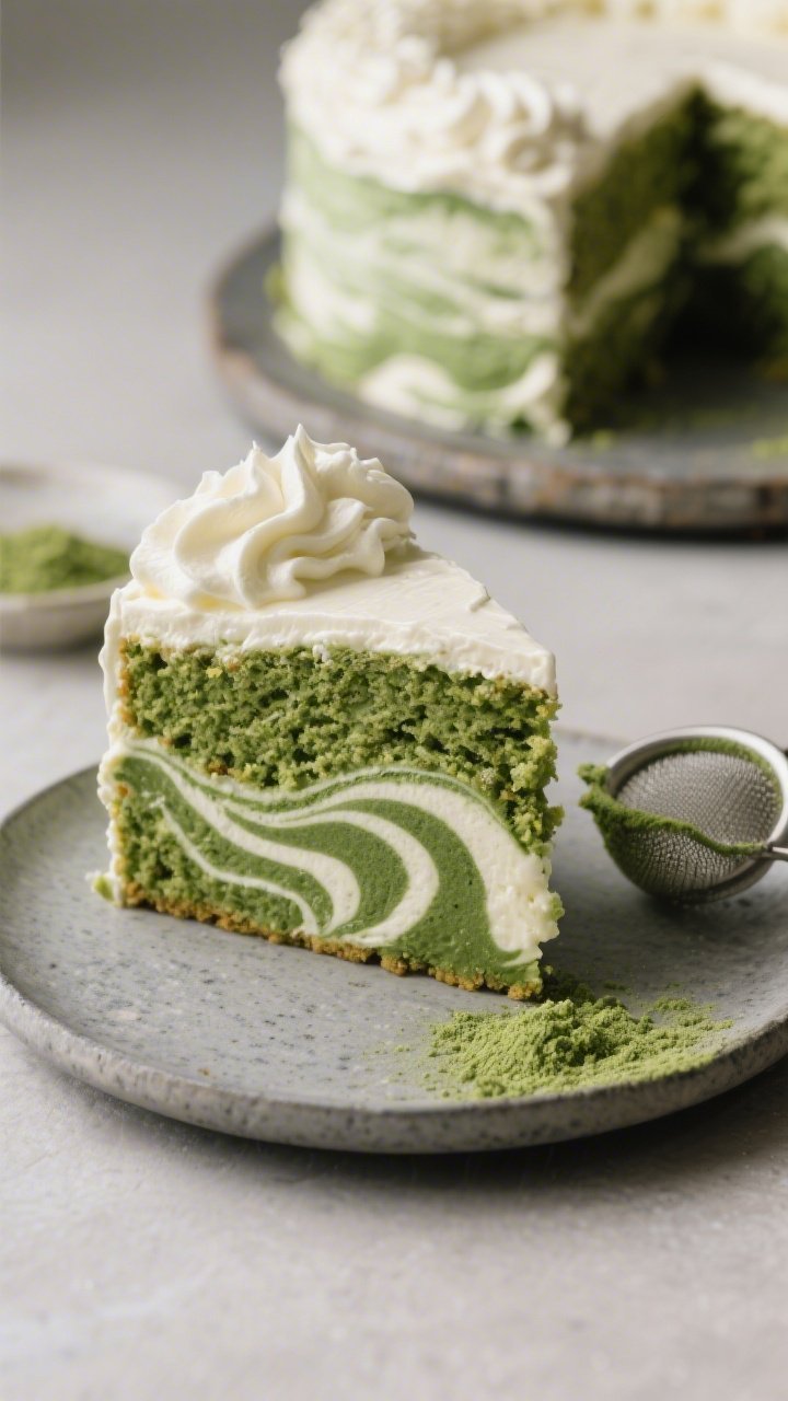 Straight-on close-up of a Green Marble Matcha–Vanilla Swirl Cake with whipped cream cheese frosting: a tall slice on a matte stone plate showing dramatic marbling of deep jade matcha and ivory vanilla ribbons. Frosting is whipped and billowy with soft peaks, faint swipe marks from an offset spatula. Crumb texture is tender and moist; a whole cake in the background on a turntable with a partially frosted, rustic finish. Include a small sieve with matcha powder dusted lightly on the plate, neutral backdrop, medium-contrast lighting to accentuate swirl patterns.