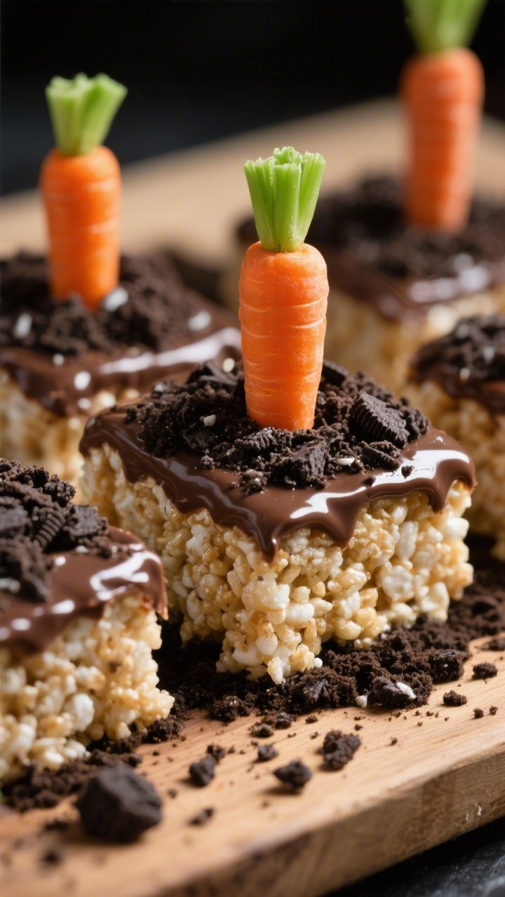 Straight-on close-up of Carrot Patch Krispie Treats with chocolate “soil”: dense, glossy marshmallow-and-butter crispy rice squares (vanilla and pinch of salt noted) topped with a thick layer of chocolate frosting, then a heavy crumble of Oreo cookie “dirt”; vibrant candy or frosting carrots “planted” upright in the soil with green tops; crumbs scattered on a wooden board, shallow depth of field highlighting the contrast between shiny frosting, crumbly cookie soil, and the nubby cereal texture; moody side light for dimension.