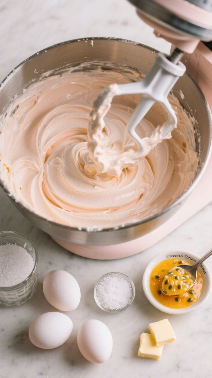 Straight-on close-up of mango-passion Swiss meringue buttercream being whipped to satiny peaks in a stand mixer bowl, glossy swirls catching soft studio light. Visible ingredients arranged artfully: five egg whites in a separate glass, a bowl of granulated sugar, a pinch dish of fine sea salt, a tiny dish labeled cream of tartar, and neat cubes of room-temperature unsalted butter waiting to be added. A spoonful of mango-passion fruit purée tinting the buttercream a pale tropical blush. Focus on ultra-smooth texture and light, not-too-sweet vibe, with a subtle tropical color gradient.