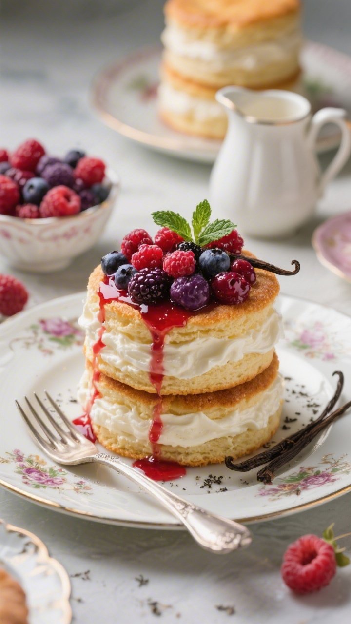 Straight-on composed dessert plates of Earl Grey shortcake stacks: buttery tea-infused shortcake layers sandwiched with billowy vanilla cloud cream, topped with macerated mixed berries glistening with their juices that drip down the sides; garnished with a few tiny mint leaves and a whisper of vanilla bean flecks; set on vintage dessert plates with a silver dessert fork, berry bowl and small pitcher in the background; vibrant reds and purples from the berries contrast with the cream and warm shortcake tones, luxurious tea party elegance, ultra-appetizing.