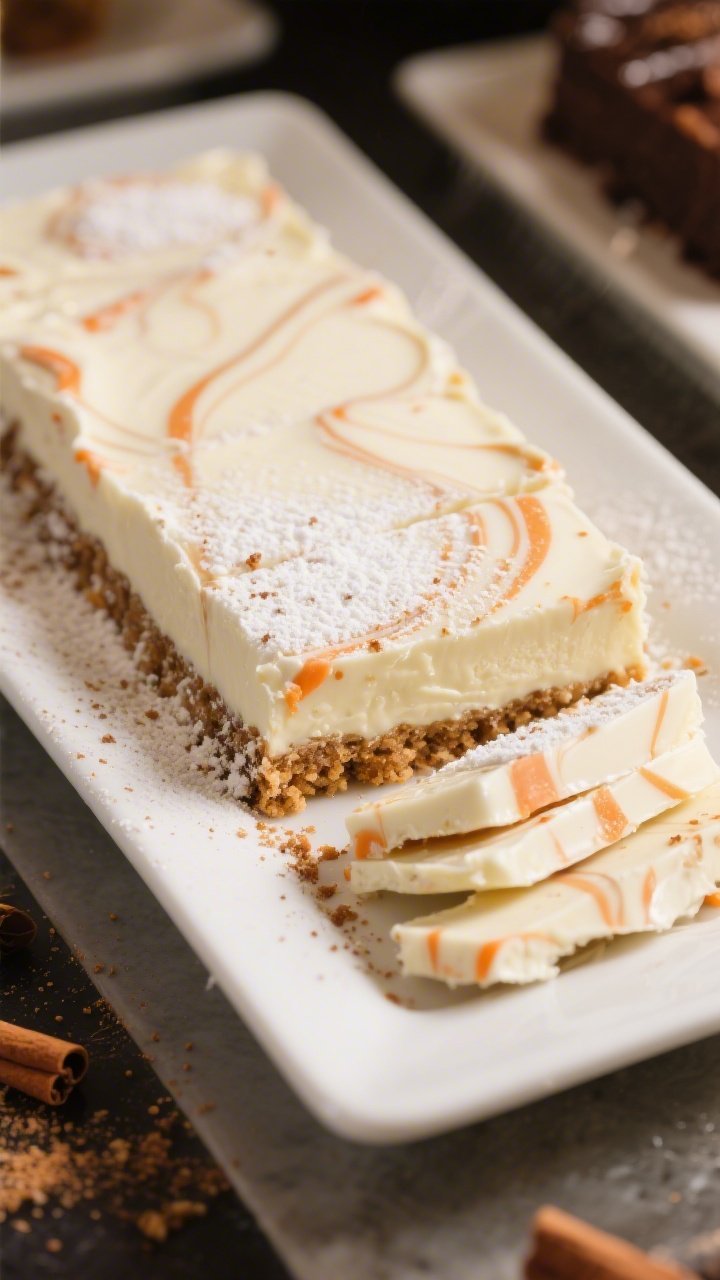 Straight-on dessert bar presentation of Carrot Cake Cheesecake Bark: creamy white chocolate and tangy cream cheese base spread into a thick slab, dusted with a whisper of powdered sugar, vanilla notes, and visible warm cinnamon specks; delicate carrot cake vibes suggested with faint marbling and crumb-like texture along the edges; plated on a rectangular white platter with neatly cut shards stacked, fine cinnamon sprinkle on the surface; soft, cozy lighting to convey rich, dessert-bar indulgence.