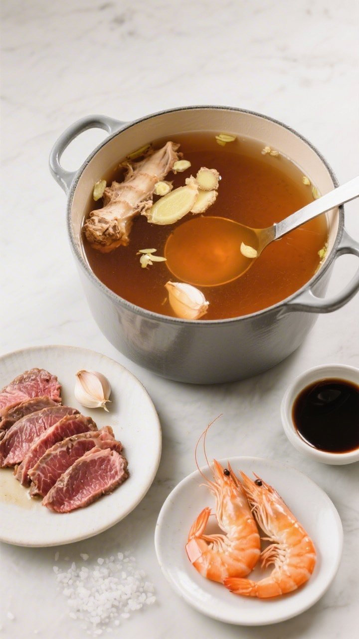 Straight-on hearty Surf & Turf Bone Broth Power Pot: clear amber beef bone broth in a heavy pot with ginger slices and smashed garlic, seasoned with light soy sauce, rice vinegar, a hint of sugar, salt and white pepper; surf and turf additions arranged—thin beef slices and raw shrimp on separate plates ready to cook; clean lines, high clarity, nourishing, power-food mood with a ladle and small dipping bowls.