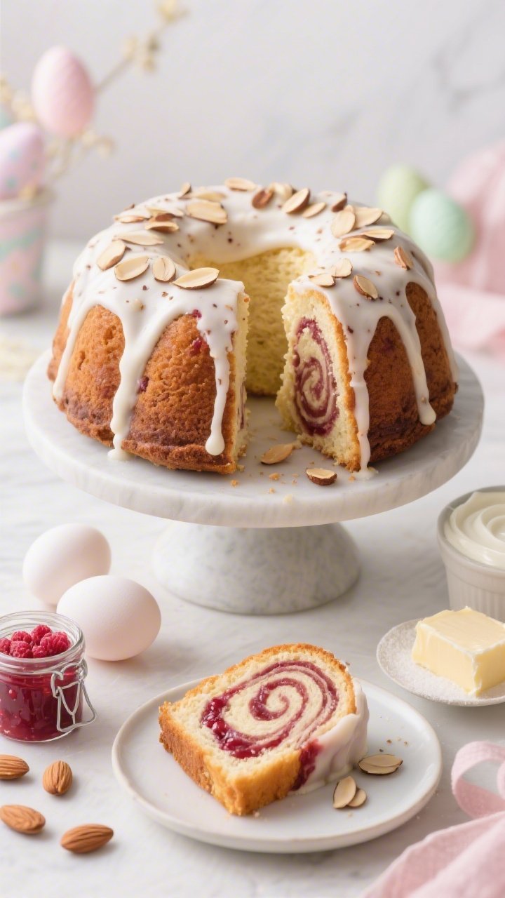 Straight-on hero shot of an Almond-Raspberry Swirl Easter Bundt on a matte pedestal: distinct raspberry jam swirls marbling the tender crumb, finished with a flowing vanilla bean icing (visible specks), and scattered toasted sliced almonds; one slice pulled forward on a small plate to reveal the swirl pattern; nearby ingredients styled elegantly—sour cream, softened unsalted butter, granulated sugar, 3 room-temp eggs, all-purpose flour, a jar of raspberry preserves, and whole almonds; bright, refined lighting with subtle pastel Easter accents.