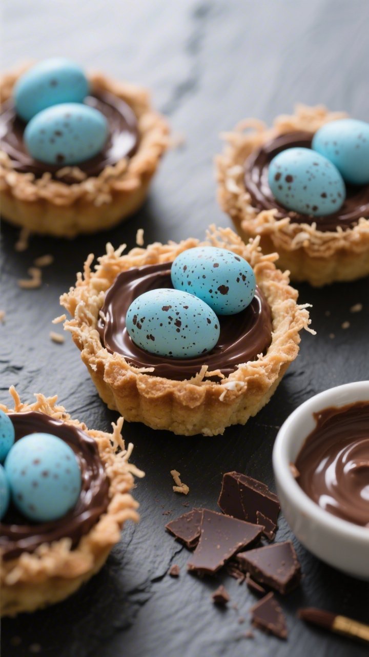 Straight-on hero shot of Speckled Robin’s Egg Chocolate Nest Tarts: crisp chocolate tart shells filled with silky chocolate ganache, topped with robin’s-egg-blue speckled candy eggs nestled in toasted shredded coconut “nests,” cocoa speckles on the blue eggs achieved with a flicked brush; include a bowl of ganache and shards of dark chocolate off to the side; set on slate for contrast, shallow depth of field to make the glossy ganache and crunchy nest textures pop.