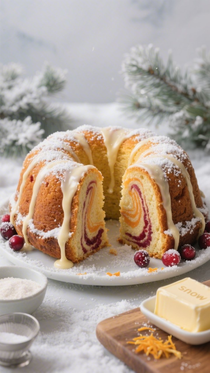 Straight-on hero shot of the Snowy Holiday Bundt With Cranberry Swirl And Vanilla Drip: golden Bundt cake sliced to reveal a vivid cranberry swirl marbling through a tender orange-vanilla crumb; glossy vanilla drip cascading down the ridges, finished with a dusting of powdered “snow” and a few sugared cranberries at the base; key ingredients subtly included—a stick of room-temp butter on a butter dish, a bowl of granulated sugar, measured flour, and citrus zest on a board; neutral winter backdrop with frosted greenery; shallow depth of field, professional studio lighting, emphasis on the swirl and drip.