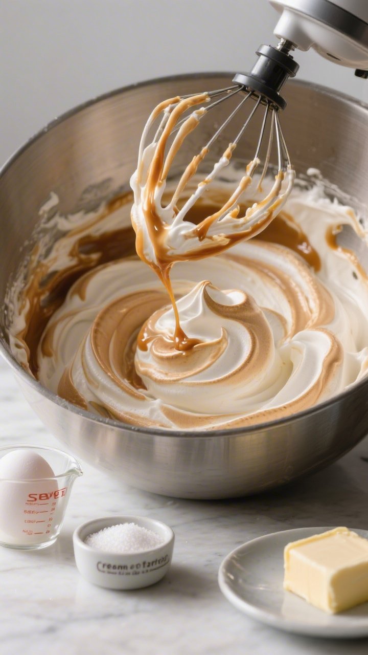 Straight-on macro close-up of salted caramel Swiss meringue buttercream being swirled in a stand mixer bowl: silky, cloud-like ribbons clinging to the whisk attachment, pale toffee color from caramel, glossy sheen indicating perfect emulsion; in the softly blurred foreground, egg whites in a measuring cup, granulated sugar, a pinch bowl labeled cream of tartar, and cubed room-temperature unsalted butter on a chilled plate; cool, clean studio light to show smooth texture without greasiness, emphasis on airy structure.