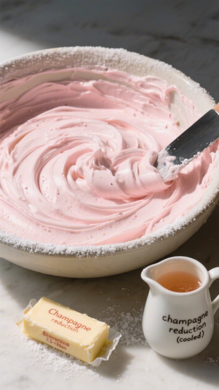 Straight-on macro close-up of soft pink champagne buttercream being smoothed in a mixing bowl: silky, aerated swirls with a pale blush hue from champagne reduction, specks of powdered sugar dusting the rim, a bench scraper gliding to show spreadability; include a small pitcher labeled “champagne reduction (cooled)” and a stick of room-temperature unsalted butter wrapper in frame, cool 65–68°F studio setting, creamy texture emphasized with directional side light.