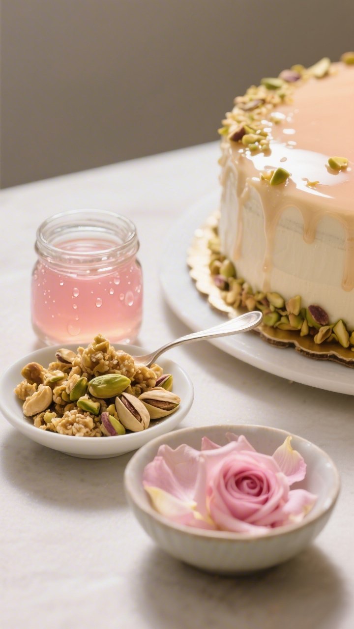 Straight-on macro detail of Pistachio Crunch, Rose Syrup, and Petal Topping: a small dish of golden pistachio crunch clusters, a glass jar of translucent blush-pink rose syrup with droplets beading on a spoon, and a shallow bowl of delicate edible rose petals; a partially dressed cake top in frame with syrup sheening the surface and crushed pistachios catching the light; crisp highlights, high contrast to showcase sparkle, luxurious, jewel-toned accents against a neutral backdrop.