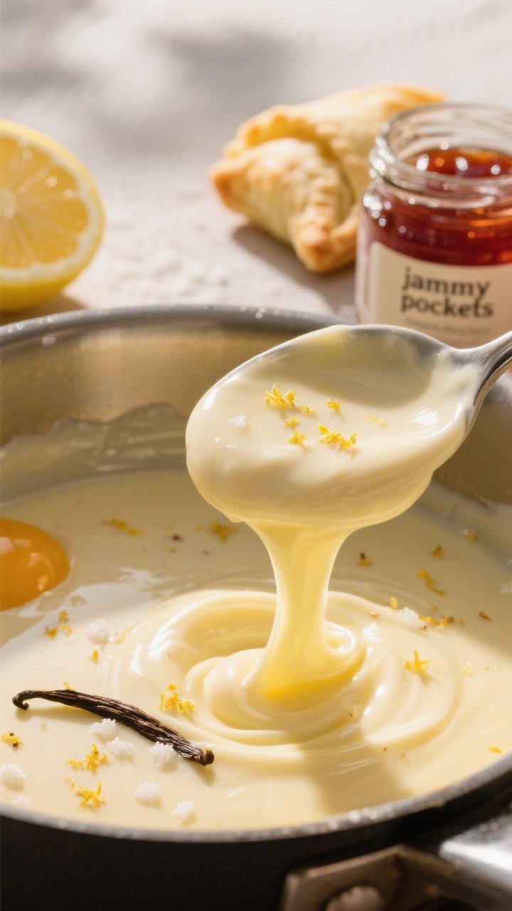 Straight-on macro of Lemon-Vanilla Silk Filling With Jammy Pockets: a saucepan of custard mid-thicken with whole milk, heavy cream, egg yolks, sugar, cornstarch, and a pinch of fine sea salt, speckled with vanilla and flecked with finely grated lemon zest; a spoon lifting a ribbon of lush, velvety pastry cream showing its silky flow, with a small jar of glossy fruit jam in the background ready to be swirled for “jammy pockets”; warm, sunlit tones to suggest bright, sunbeam flavor.